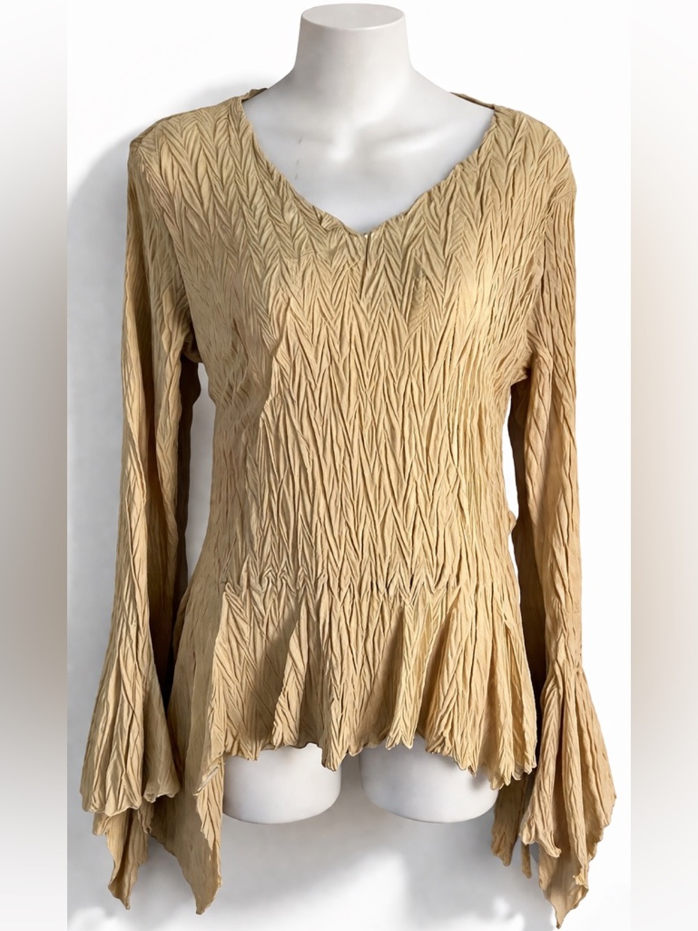 Boho Crinkle Bell Sleeve Peplum Top Beige Fairy Cottagecore Blouse
